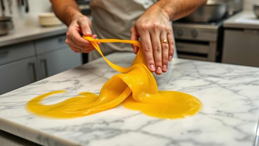 Artisan candy maker hand-pulling golden taffy on marble slab, professional kitchen setting, traditional confectionery technique demonstration, authentic production moment