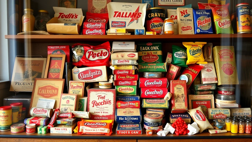 Curated vintage candy collection display with antique wrappers and packaging from 1920s-1950s, collectible confectionery items arranged aesthetically, heritage preservation aesthetic