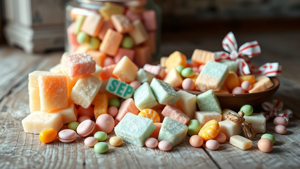 Vintage candy assortment featuring saltwater taffy in pastel colors, hard candies, and wrapped sweets arranged on weathered wooden surface with soft natural lighting and vintage glass candy jar in background