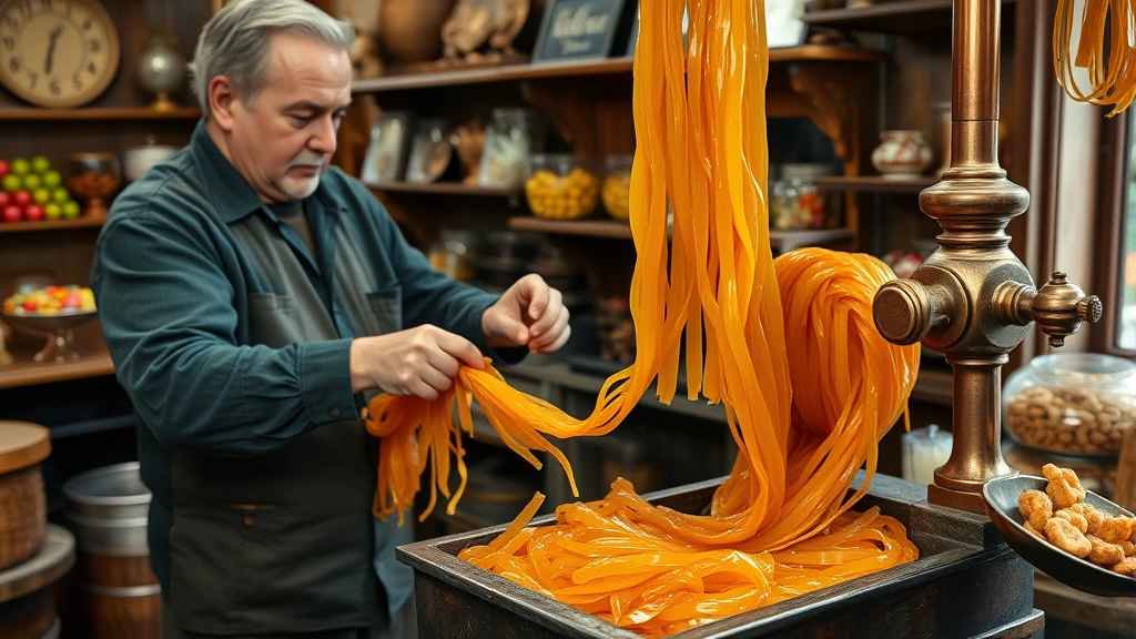 Artisanal candy maker pulling taffy by hand using traditional copper equipment, showing skilled hands working amber-colored taffy in motion, rustic candy shop interior with vintage decorations
