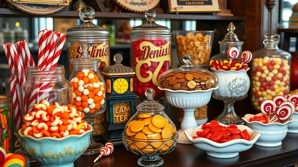 Colorful old fashioned penny candies displayed in vintage glass containers and antique ceramic bowls, including licorice twists, butterscotch discs, and lollipops, warm nostalgic lighting throughout