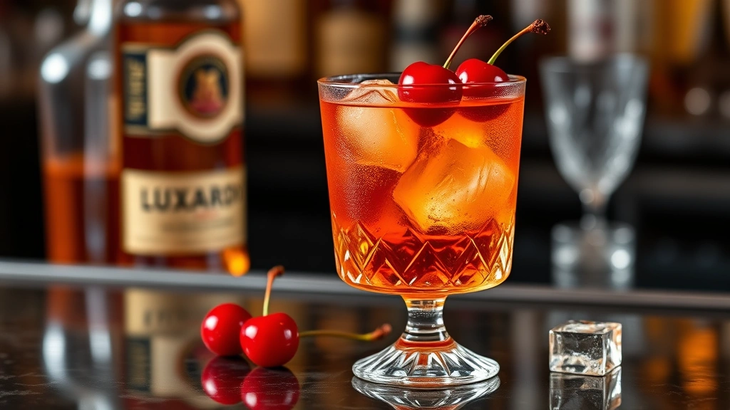 Luxardo maraschino cherries in crystal glass with bourbon old fashioned cocktail, amber liquid, ice, sophisticated bar setting, professional cocktail photography