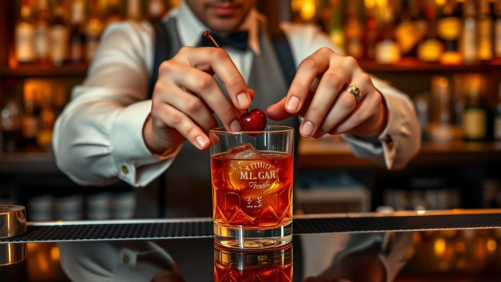 Master bartender carefully garnishing old fashioned with single premium cherry, elegant bar counter, warm lighting, focused hands, craft cocktail artistry