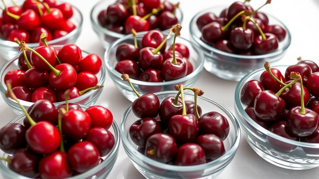 Array of different cherry varieties displayed in small glass bowls, luxardo amarena griottine fresh cherries comparison, natural lighting, gourmet food styling