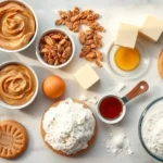 Overhead flat lay of ingredients for peanut butter cookies including creamy peanut butter, brown sugar, butter, eggs, vanilla extract, flour, arranged artfully on marble countertop with natural window lighting