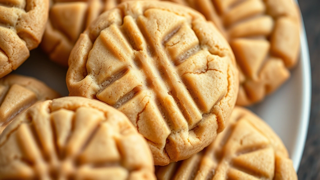 Close-up macro shot of freshly baked warm chewy peanut butter cookies with fork-marked cross-hatch pattern, golden-brown edges with soft centers, on white ceramic plate