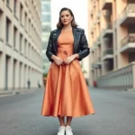 Elegant woman wearing 1950s vintage tea-length dress with full skirt, styled with modern black leather jacket, white sneakers, and minimal jewelry, standing in urban street setting with contemporary architecture in background