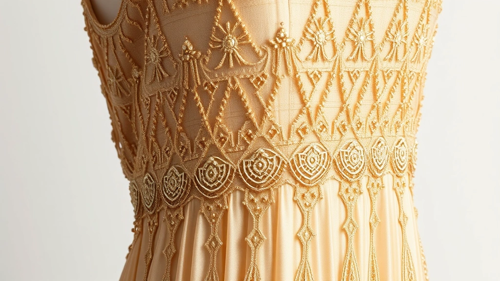 Close-up of vintage 1920s beaded drop-waist dress in champagne color with intricate geometric beading, displayed on dress form showing construction details and fabric texture, professional studio lighting