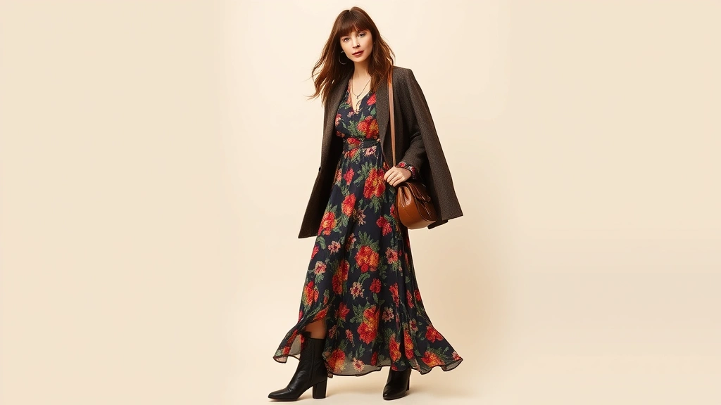 Fashionable woman in 1970s bohemian maxi dress with floral print and flowing fabric, layered with contemporary oversized wool blazer, modern ankle boots, and structured leather crossbody bag, posed against neutral backdrop