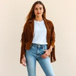 Woman wearing 1970s vintage suede fringe jacket layered over modern white tee and contemporary denim, styled with current white sneakers and minimal modern jewelry, standing confidently against neutral backdrop, warm afternoon lighting