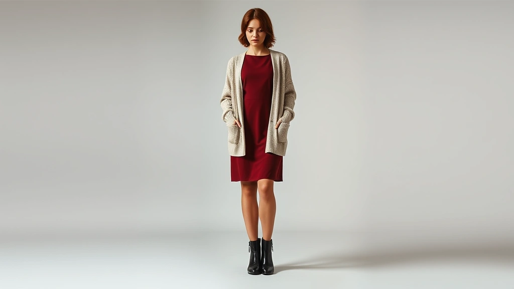 Full-body shot of person styling vintage pieces: fitted 1960s A-line dress in jewel tones paired with modern oversized cardigan, contemporary ankle boots, and minimalist modern accessories, creating balanced era-blended outfit, studio lighting