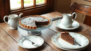 Rustic vintage wooden table with freshly baked chocolate pie, soft natural window light, cream pitcher, antique china plates, elegant classic presentation