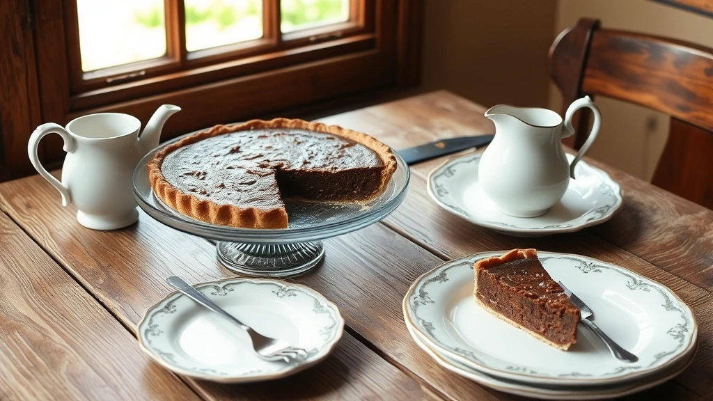 Rustic vintage wooden table with freshly baked chocolate pie, soft natural window light, cream pitcher, antique china plates, elegant classic presentation