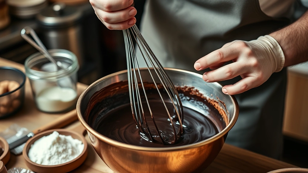 Hands whisking rich dark chocolate filling in copper bowl, quality ingredients visible, professional kitchen setting, warm atmospheric lighting, artisanal baking process