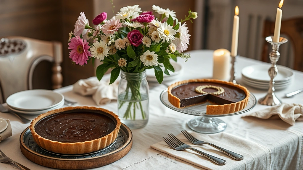 Styled vintage dessert table with chocolate pie, fresh flowers in glass vase, antique silverware, linen napkins, soft candlelight, timeless entertaining aesthetic