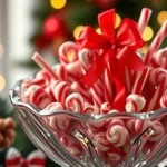 Vintage Christmas candy display with red ribbon candy, peppermint sticks, and hard candies arranged in an antique glass bowl, warm holiday lighting, soft focus background, close-up detail shot