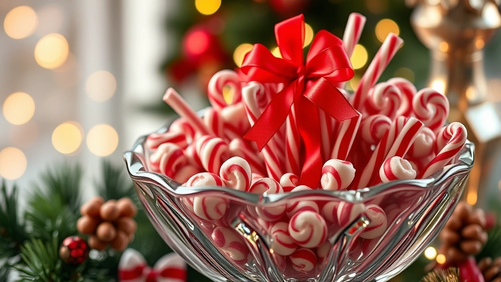 Vintage Christmas candy display with red ribbon candy, peppermint sticks, and hard candies arranged in an antique glass bowl, warm holiday lighting, soft focus background, close-up detail shot