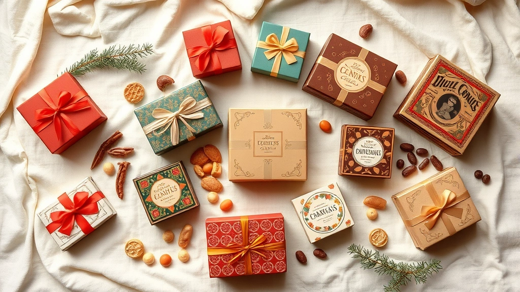 Styled flat lay of heritage candy boxes and vintage confectionery packaging from 1950s-1970s era, arranged on cream linen with fresh pine branches and gold accents, natural window lighting