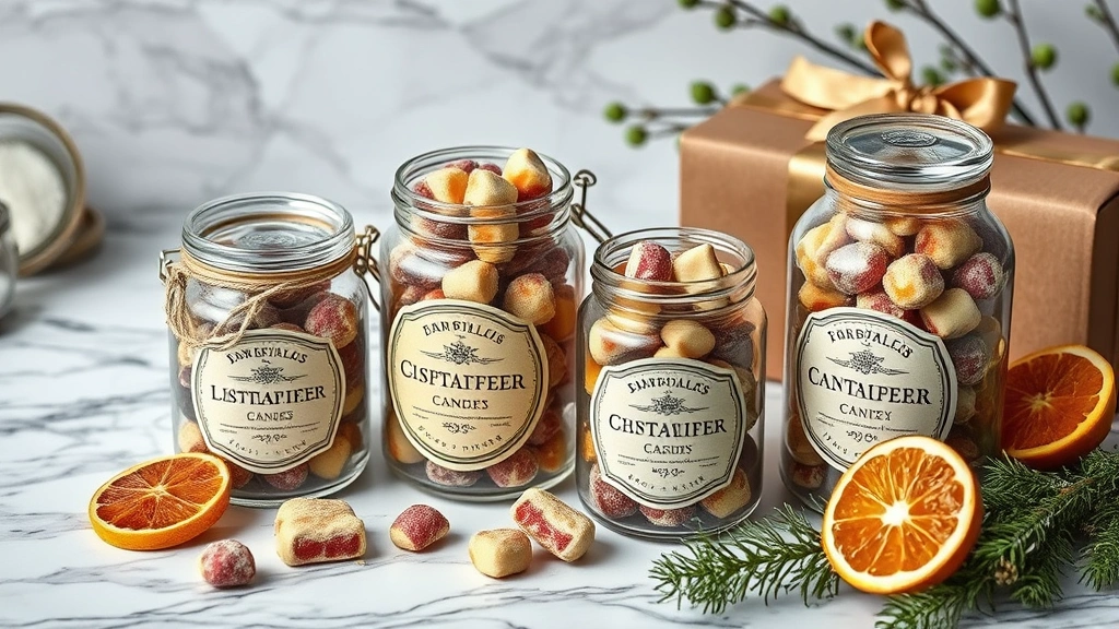 Luxury holiday gift presentation featuring artisanal old-fashioned candies in glass jars with vintage labels, styled on marble surface with dried citrus slices and winter botanicals, editorial photography style