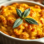 Golden-brown baked cornbread dressing in white ceramic dish, garnished with fresh sage leaves and crispy edges, professional food photography, warm lighting