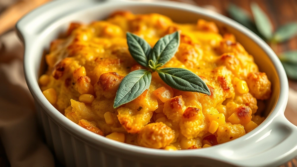 Golden-brown baked cornbread dressing in white ceramic dish, garnished with fresh sage leaves and crispy edges, professional food photography, warm lighting