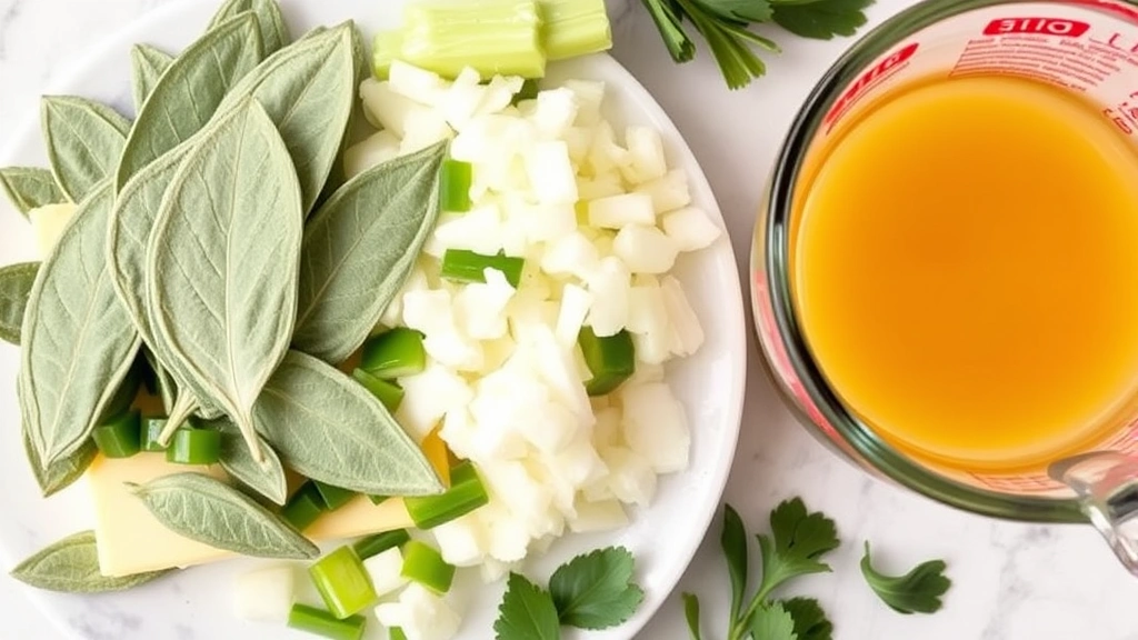 Close-up of ingredients: fresh sage leaves, diced celery and onions in butter, eggs, chicken broth in measuring cup, arranged on marble countertop