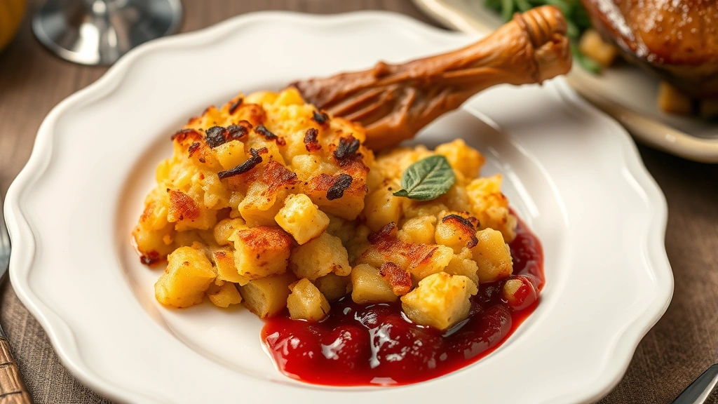 Plated cornbread dressing portion on elegant white plate, garnished with sage, steam rising, served alongside roasted turkey leg and cranberry sauce