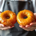 Professional baker holding freshly fried golden-brown old-fashioned donuts with crispy textured exterior, warm glazed surface, artisanal bakery setting with soft natural lighting