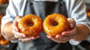 Professional baker holding freshly fried golden-brown old-fashioned donuts with crispy textured exterior, warm glazed surface, artisanal bakery setting with soft natural lighting