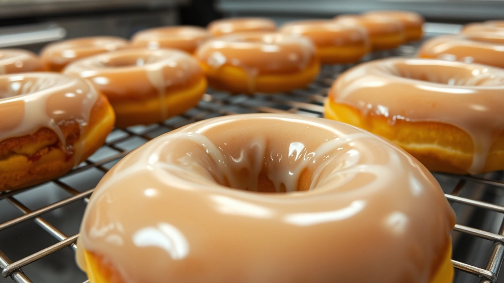Close-up of glazed old-fashioned donuts cooling on wire racks, showing detailed crispy exterior texture and smooth glaze coating, professional bakery workspace background