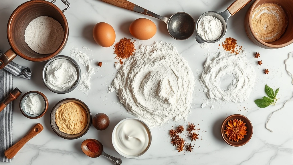 Overhead flat lay of vintage donut-making tools, sifted flour, eggs, sour cream, and fresh spices arranged artistically on marble counter, warm bakery aesthetic