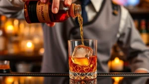 Professional bartender pouring amber rye whiskey into a crystal rocks glass with large ice cube, candlelit upscale cocktail bar background, focused on pouring technique