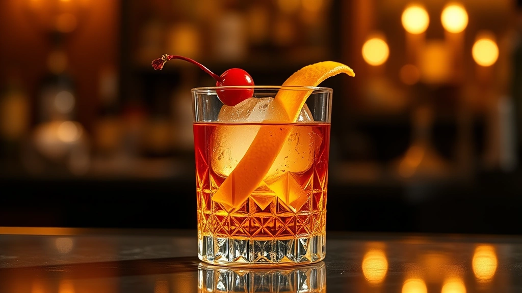 Finished Old Fashioned cocktail in elegant crystal rocks glass with large ice sphere, orange peel garnish, cherry, soft warm ambient lighting reflecting sophistication