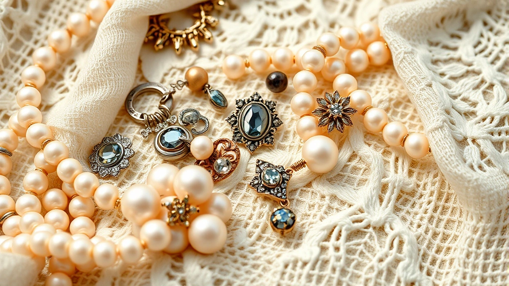 Close-up of vintage jewelry and pearls arranged on aged lace fabric, soft natural lighting, elegant and nostalgic aesthetic, professional styling