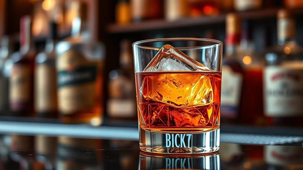 Crystal old fashioned glass with large ice cube and amber whiskey, elegant bar setting with soft warm lighting, bokeh background of premium bottles