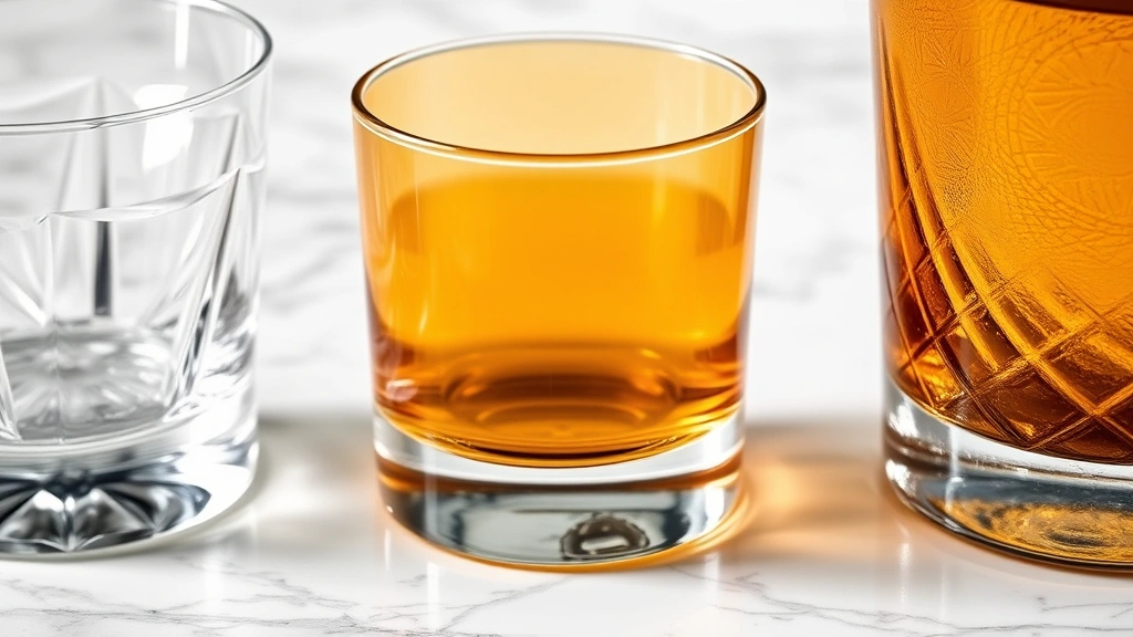 Close-up of three premium old fashioned glasses in different finishes—clear crystal, subtle amber tint, and hand-blown texture—arranged on marble surface