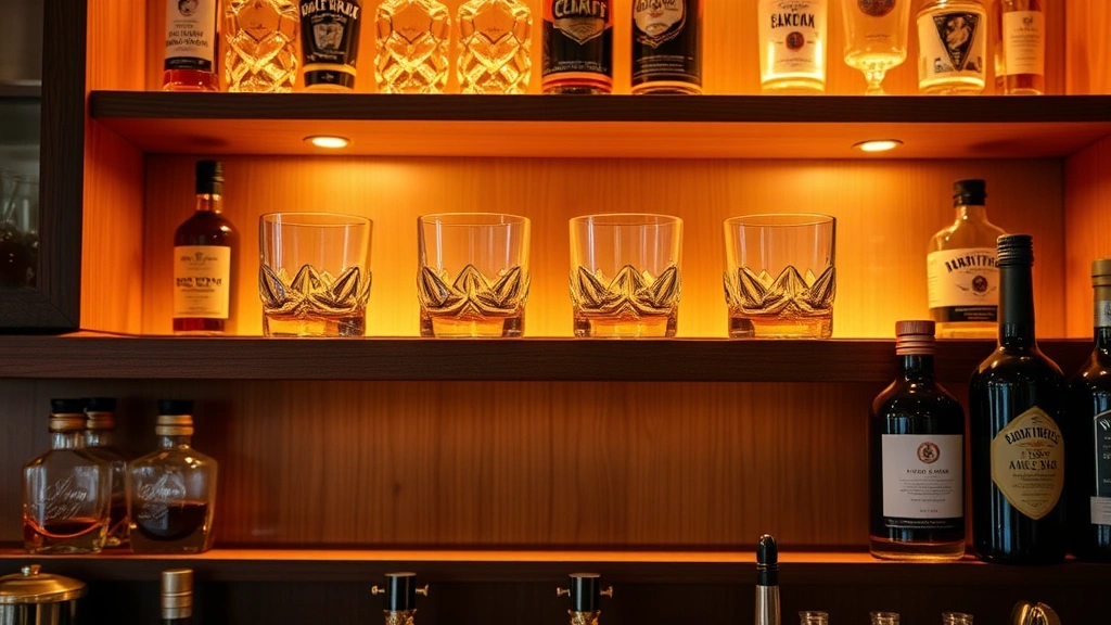 Sophisticated home bar display with six old fashioned glasses on wooden shelving, ambient lighting highlighting glass clarity, cocktail ingredients artfully arranged nearby