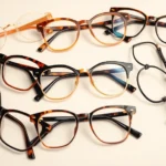 Diverse collection of vintage browline and cat-eye glasses frames arranged artistically on neutral background, showcasing tortoiseshell, gold, and black finishes with professional lighting