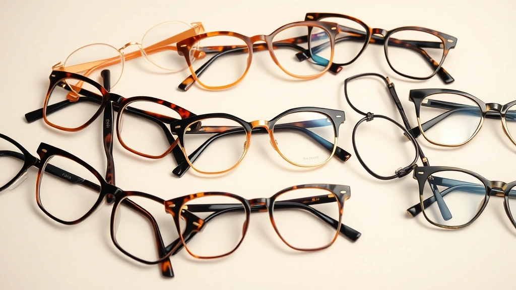 Diverse collection of vintage browline and cat-eye glasses frames arranged artistically on neutral background, showcasing tortoiseshell, gold, and black finishes with professional lighting