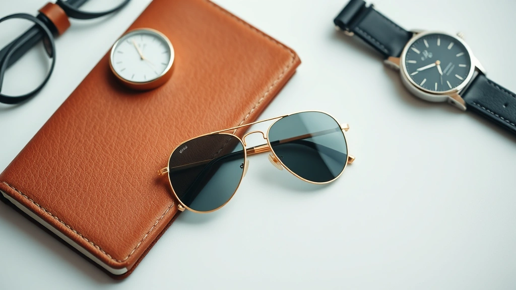 Vintage gold aviator frames paired with modern accessories on styled flat lay, including leather notebook and minimalist watch, sophisticated aesthetic composition