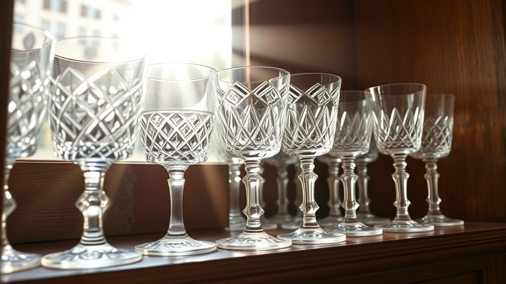 Elegant vintage cut crystal glasses arranged on antique wooden shelf, sunlight creating prismatic reflections, various geometric patterns visible, soft warm lighting, close-up detail shot