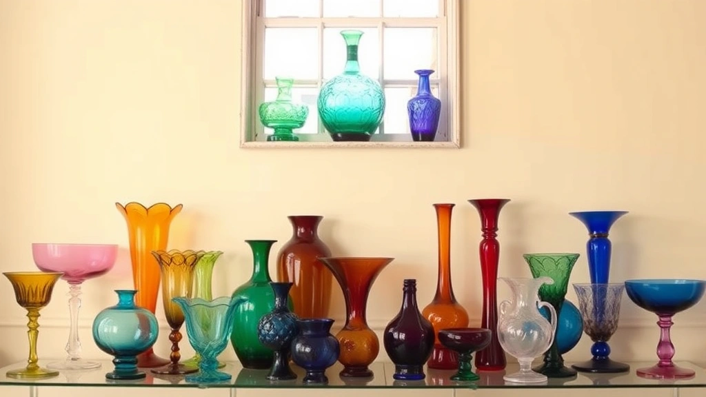Colorful Depression era glassware collection displayed against cream wall, pink green amber cobalt blue pieces, arranged by color gradient, natural window light, vintage aesthetic styling