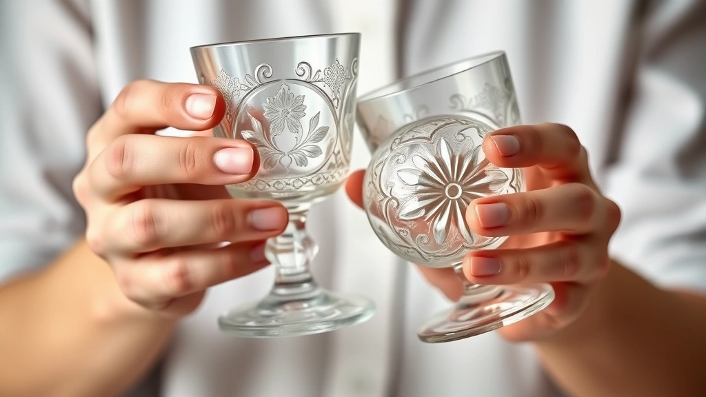 Hands carefully holding ornate Victorian pressed glass stemware, intricate floral patterns visible, detailed close-up showing craftsmanship, soft studio lighting, professional presentation