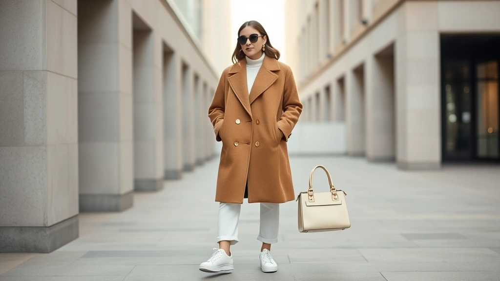 Woman wearing 1970s camel wool coat styled with modern white sneakers, minimalist gold jewelry, and contemporary structured handbag, standing in urban setting with neutral background, natural daylight, fashion photography