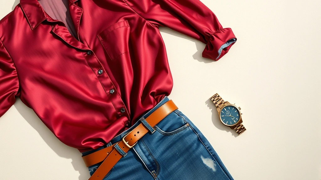 Overhead flat lay of vintage silk blouse in jewel tone paired with modern denim, contemporary leather belt, modern gold earrings, and sleek modern watch, styled on neutral background with natural lighting