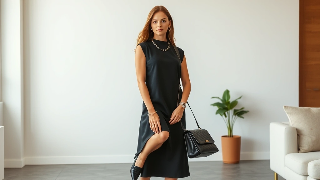Woman in perfectly tailored vintage 1960s shift dress accessorized with modern minimalist jewelry, contemporary leather loafers, and sleek modern crossbody bag, posed against clean modern interior background, editorial fashion styling