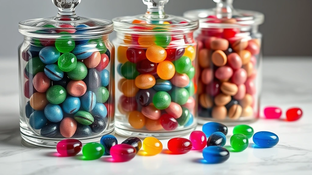 Close-up of vintage glass apothecary jars filled with jewel-toned hard candies in emerald, sapphire, and ruby hues arranged by color gradient on white marble surface with soft natural lighting