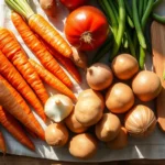 Overhead shot of fresh colorful vegetables—carrots, celery, onions, potatoes, green beans—arranged artfully on a natural linen cloth, morning sunlight casting soft shadows, rustic wooden cutting board nearby, professional food photography style