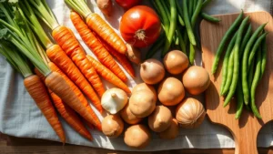 Overhead shot of fresh colorful vegetables—carrots, celery, onions, potatoes, green beans—arranged artfully on a natural linen cloth, morning sunlight casting soft shadows, rustic wooden cutting board nearby, professional food photography style