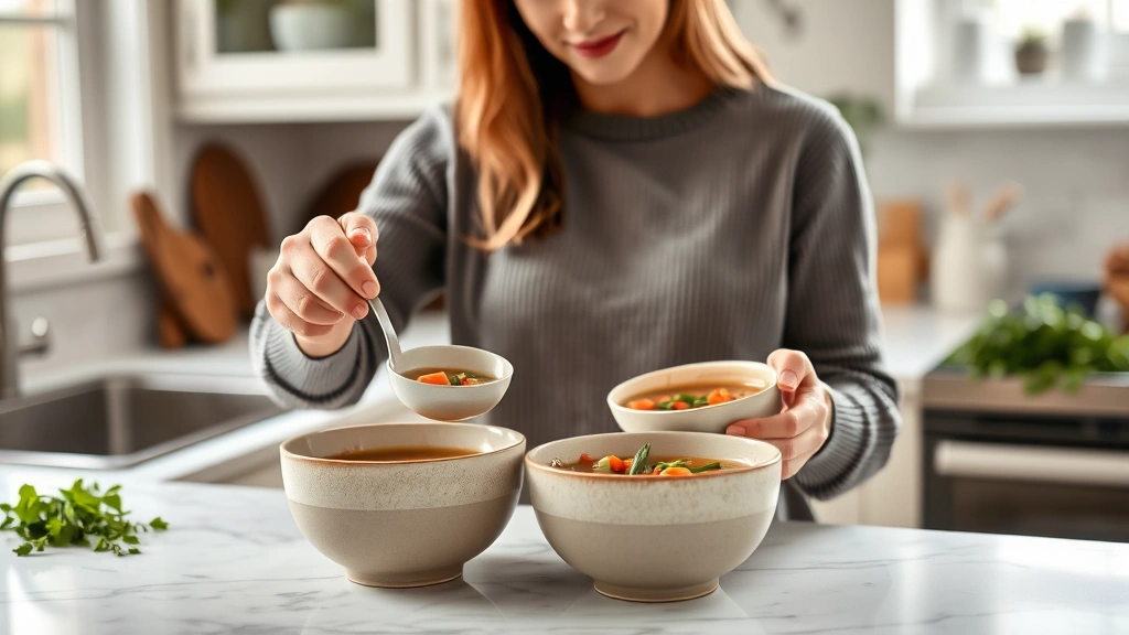 Woman in neutral tones ladling homemade vegetable soup into beautiful ceramic bowls in a well-appointed kitchen, natural lighting from window, fresh herbs visible on counter, refined domestic scene, lifestyle photography aesthetic